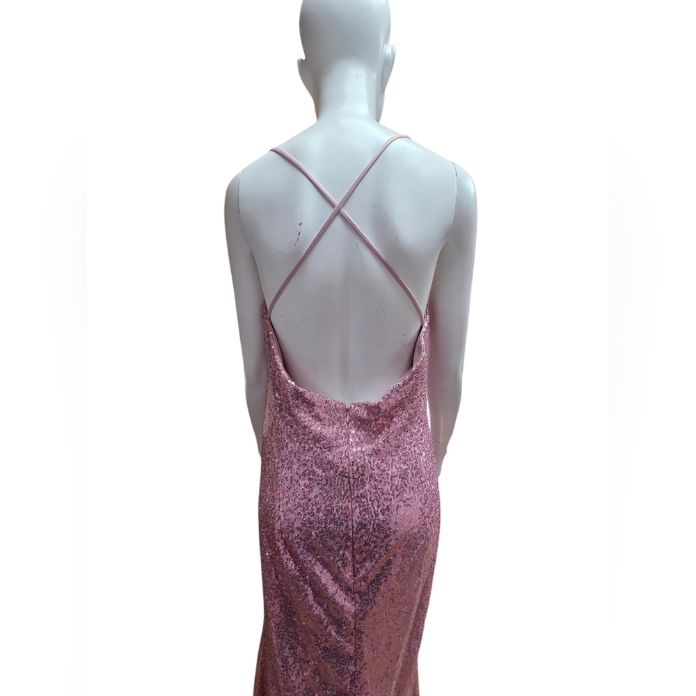 Elegant Pink Long Sequin Dress With Open Criss Cross Back And Removable Bow - Picture 2 of 5